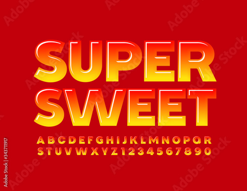 Vector Super Sweet Glossy Alphabet Letters and Numbers. Gradient Red and Yellow Font