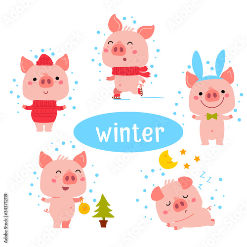 Little Pink Piggy Different Emotions And Situations. Set Of Cute Emoji Illustrations in different season winter, summer, autumn, spring