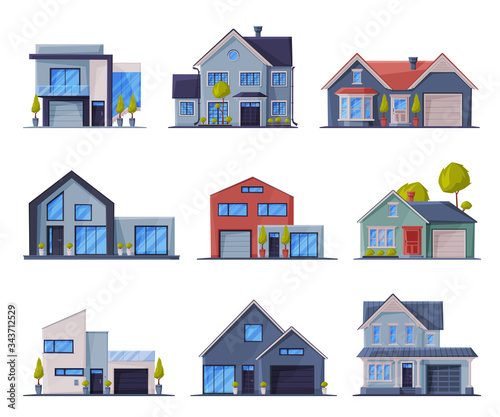 Modern Cottages Facades Cpllection, Residential House Buildings, Country Real Estate Flat Vector Illustration