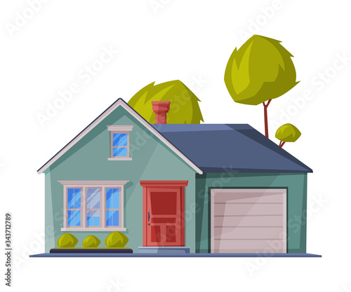 Green Small Cottage Facade with Garage, City or Country Street Building, Modern Residential House Real Estate Flat Vector Illustration