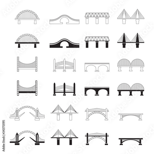 Fototapeta Naklejka Na Ścianę i Meble -  Set of bridges icons. A structure built over a water obstacle. Architectural construction. Vector illustration isolated on a white background for design and web.