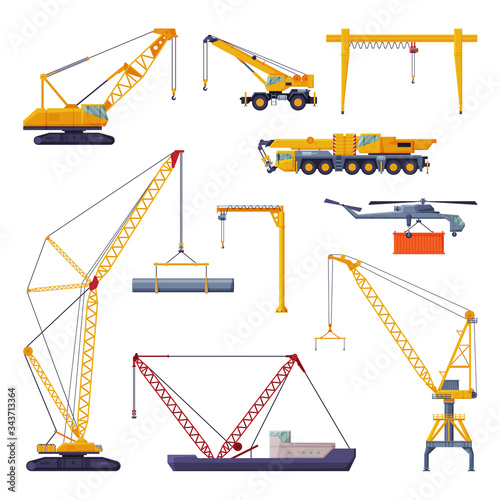 Yellow Construction and Cargo Cranes Collection, Heavy Transportation Service Vehicles and Industrial Elevating Equipment Flat Vector Illustration