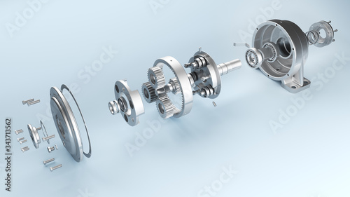 3D illustration of details on a white background. Planetary gearbox in disassembled form, bearings, shafts and gears.