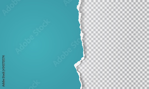 Torn, ripped piece of vertical blue paper with soft shadow are on squared white background for text. Vector illustration