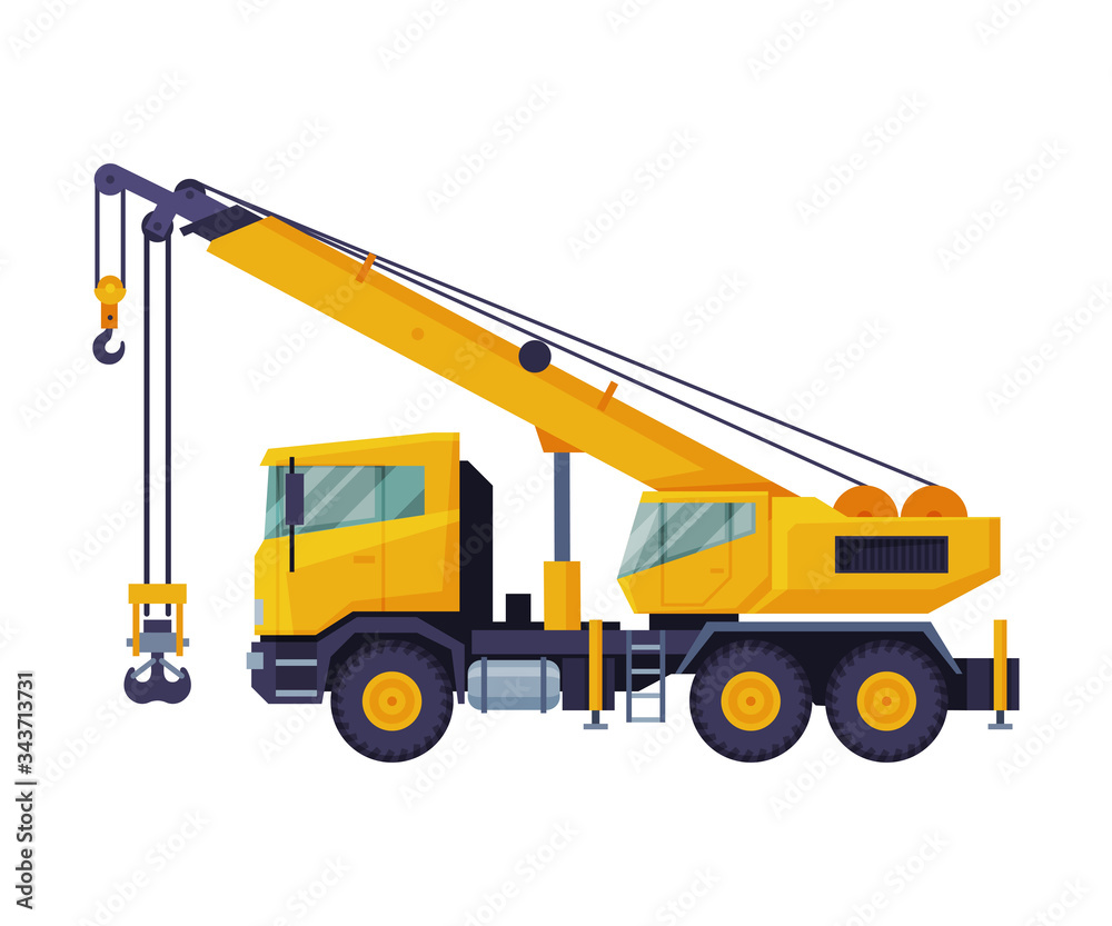 Construction Crane Truck, Heavy Cargo Transportation Service Vehicle Flat Vector Illustration