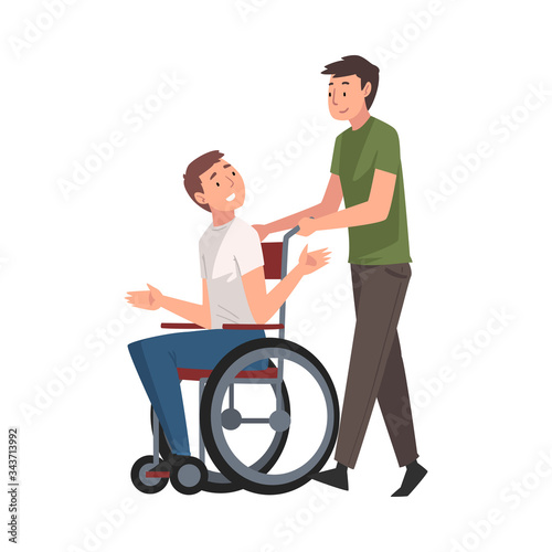 Disabled Man in Wheelchair Walking with His Friend, Handicapped Man Receiving Support and Having Good Time, Person Enjoying Full Life Vector Illustration