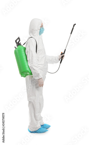 Worker in biohazard suit an...