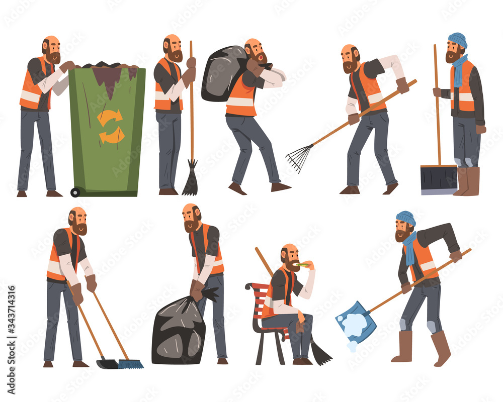 Naklejka premium Man Janitor Sweeping and Cleaning Litter Set, Male Professional Cleaning Staff Character Wearing Orange Vests Vector Illustration