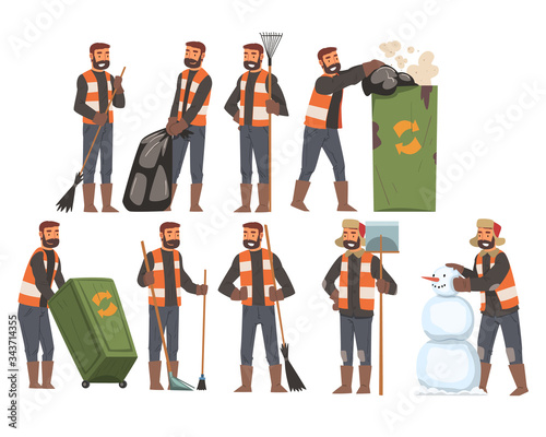 Man Janitor Sweeping and Gathering Garbage Set, Male Professional Cleaning Staff Character Wearing Orange Vests, Cleaning Company Service Vector Illustration