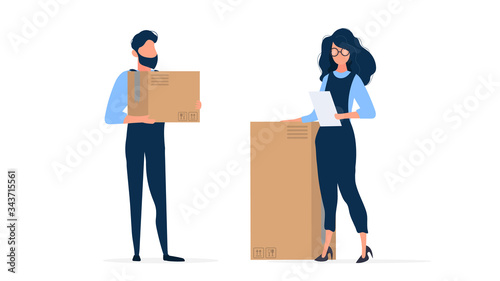 The girl in building overalls holds a sheet of paper in her hands. Loader holds a cardboard box. Isolated. Vector.
