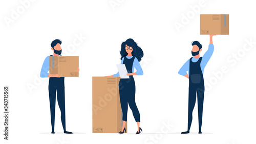 The girl in building overalls holds a sheet of paper in her hands. Loader holds a cardboard box. Isolated. Vector.