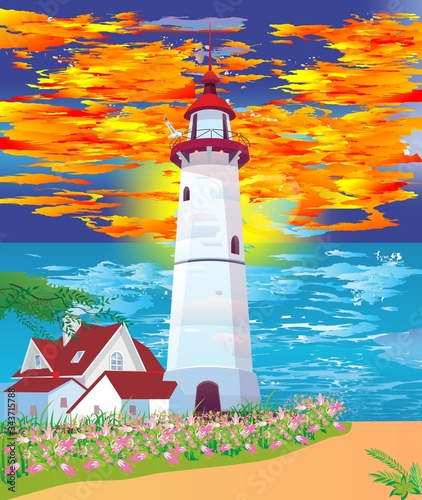  composition with a lighthouse and buildings on the background of the sea