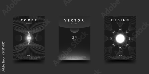 Monochrome space cover set. Abstract cosmos scenes with glowing star and planets. Illustration of celestial body in sci-fi style. Vector design for a template of poster, flyer, card, brochure.