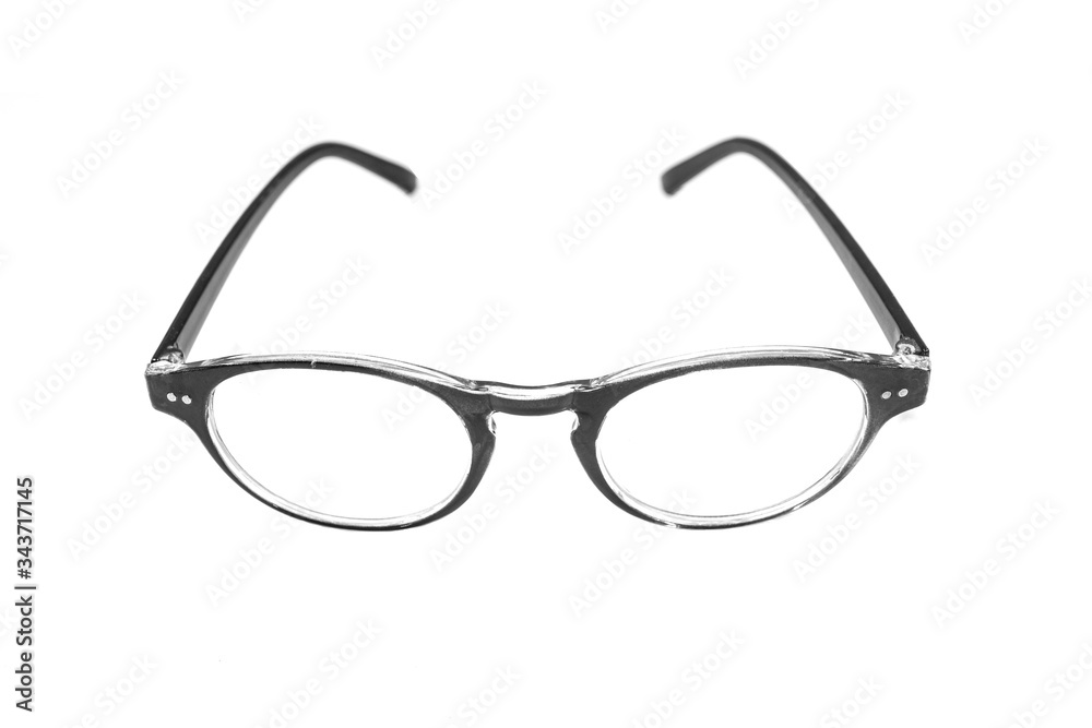 Black Eye Glasses Isolated on White. Black eye glasses spectacles with shiny black frame For reading daily life To a person with visual impairment. Black Eye Glasses Isolated on White. Black eye glasses spectacles with shiny black frame For reading daily life To a person with visual impairment.