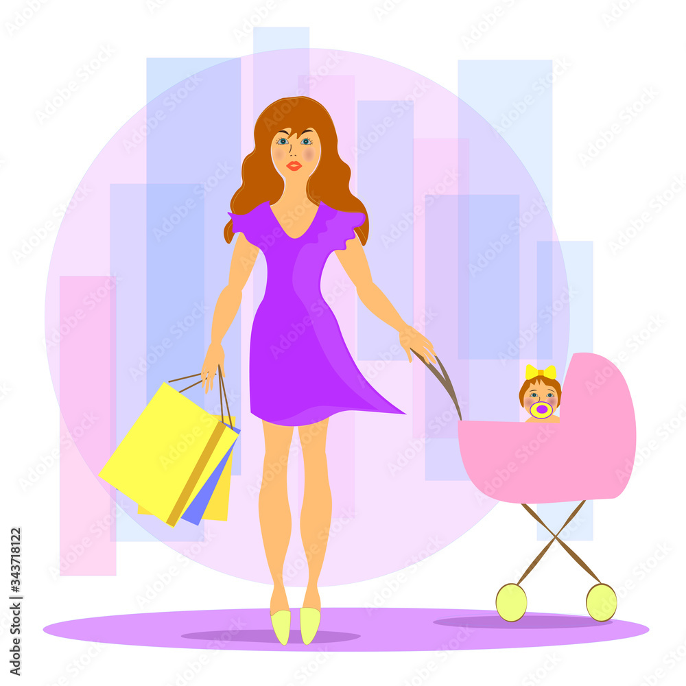  girl with daughter and bags. a woman with a baby and a stroller. Mother's Day holiday. vector multicolored illustration