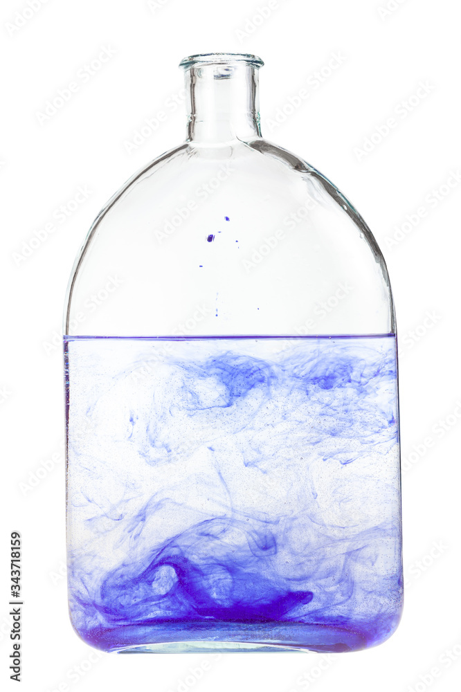 violet dye dissolves in water in flask isolated on white background violet dye dissolves in water in flask isolated on white background