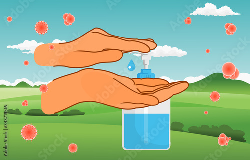 Hand Sanitize Bottle, alcohol bottle for hygiene. Alcohol rub sanitizes kill most bacteria and stop some viruses such as corona virus.