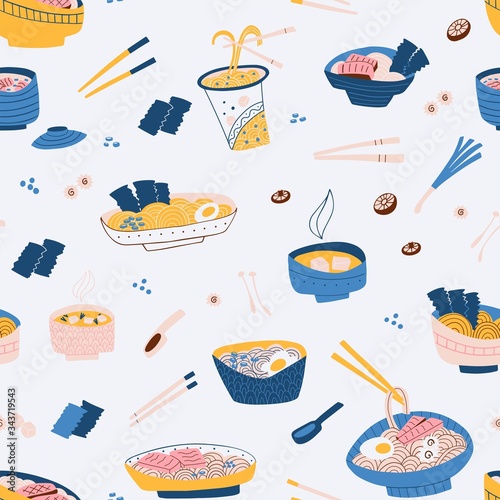 Seamless pattern with hands drawn traditional japanese food. Vector doodle illustration.