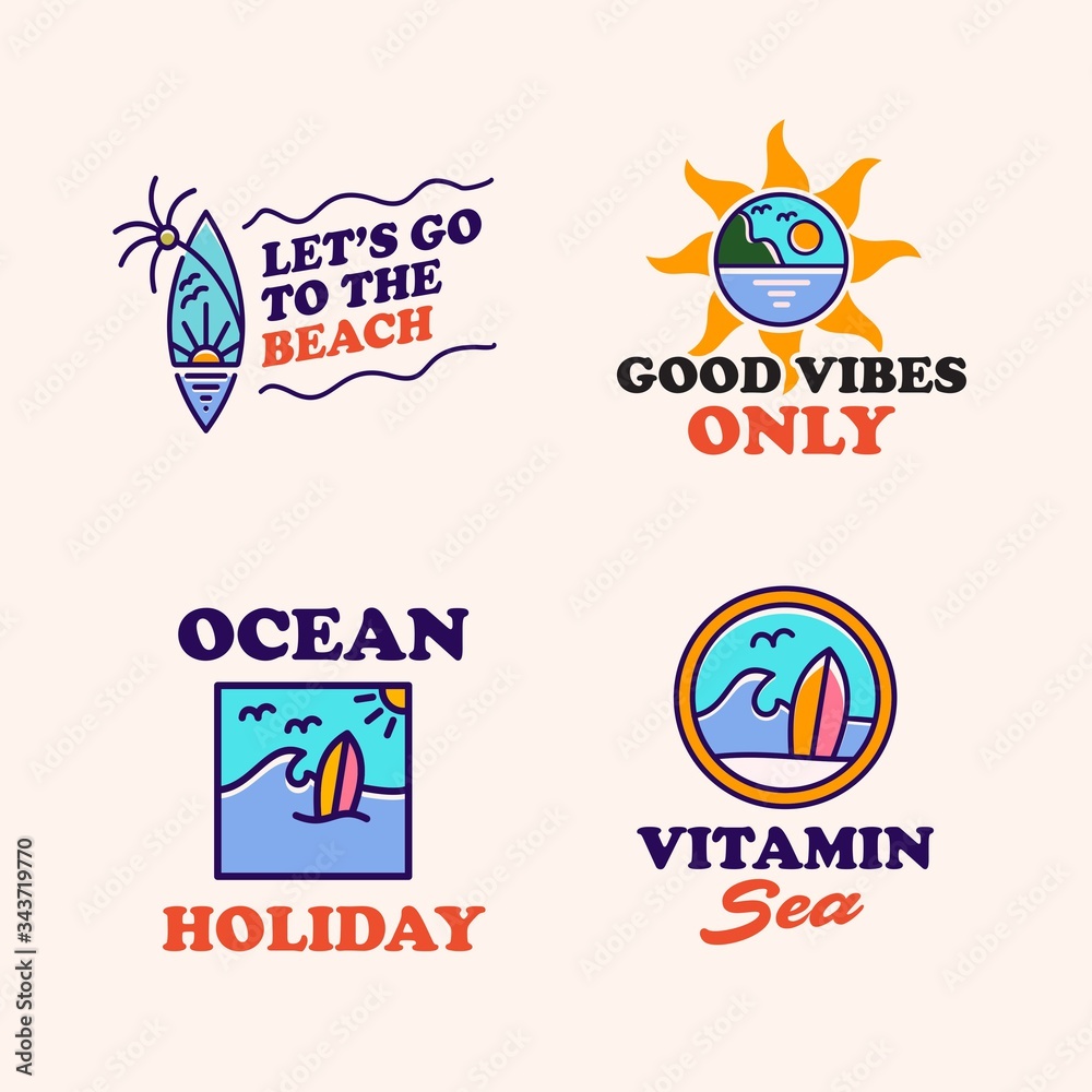 set of Beach holiday simple line label vector image, summer tropical retro vintage hipstercartoon logo icon illustration