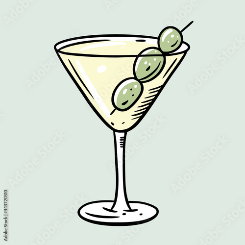 Martini cocktail. Cartoon flat vector illustration. Isolated on soft green background.