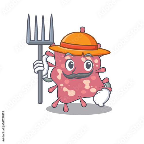 Cartoon character design of haemophilus ducreyi as a Farmer with hat and pitchfork