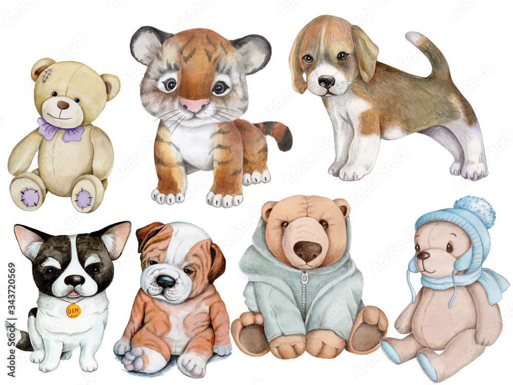 Set of cute toy animals. Watercolor illustrations. Set of cute toy animals. Watercolor illustrations.