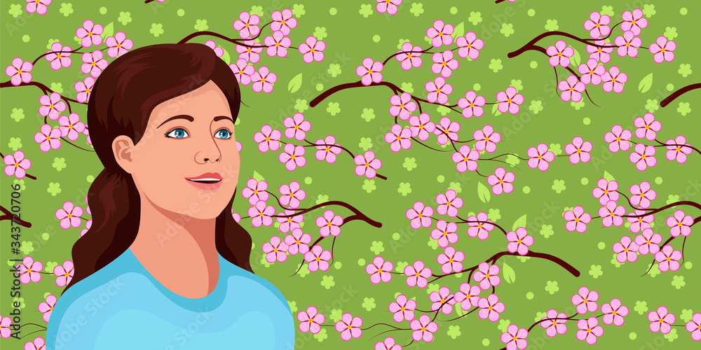 Beautiful retro style girl with long curly hair in a blue blouse on a blooming sakura spring background. Vector Illustration. Beautiful retro style girl with long curly hair in a blue blouse on a blooming sakura spring background. Vector Illustration.
