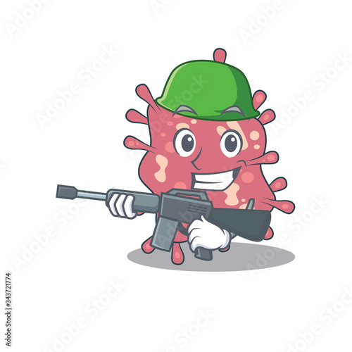 A cartoon picture of haemophilus ducreyi in Army style with machine gun