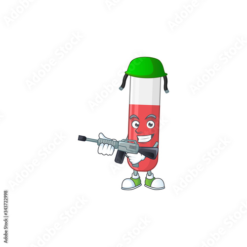 An elegant red test tube Army mascot design style using automatic gun