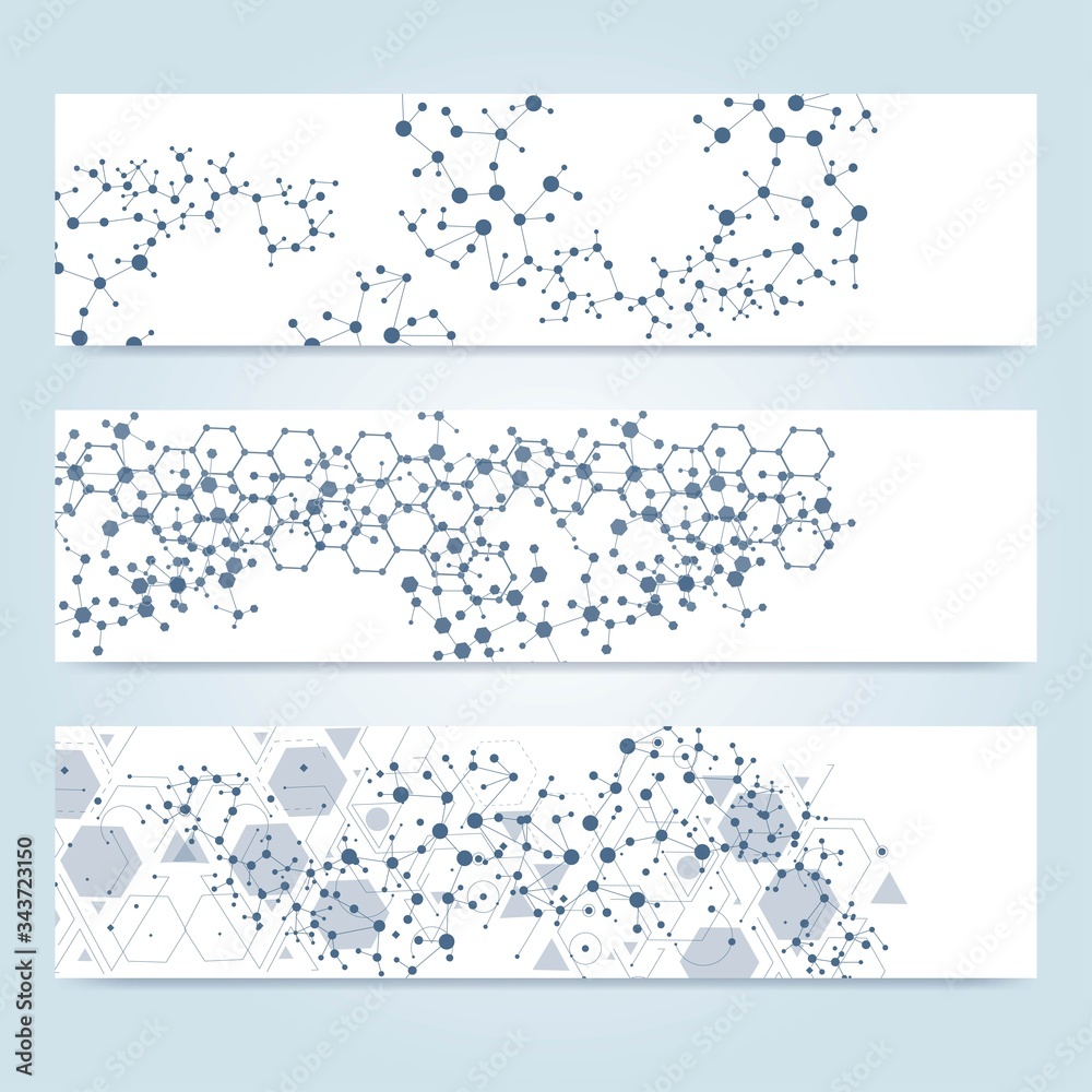 Scientific set of modern vector banners. DNA molecule structure with connected lines and dots. Scientific and technology concept. Wave flow graphic background for your design. Vector illustration.