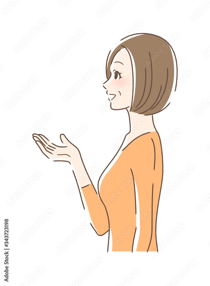 笑顔で手を差し出す女性の横顔 笑顔で手を差し出す女性の横顔