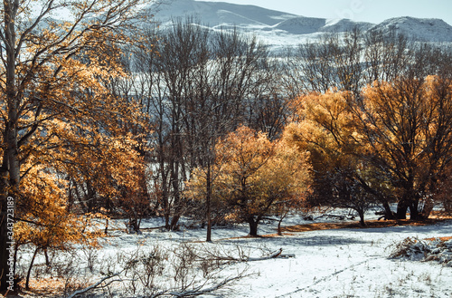 Beautiful village in a mountain valley near the lake. Mountains landscape and old town. Travel - Dagestan