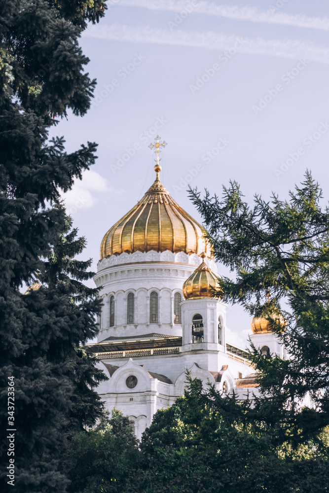 August 2019. Moscow. White Orthodox Church among pines, trees with a golden dome