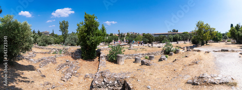 Panoramic of the Ancient Agora of Athens, in the foreground the remains of the public buildings, in the background the Temple of Hephation of Athens and the Stoa of Atalo, Greece
