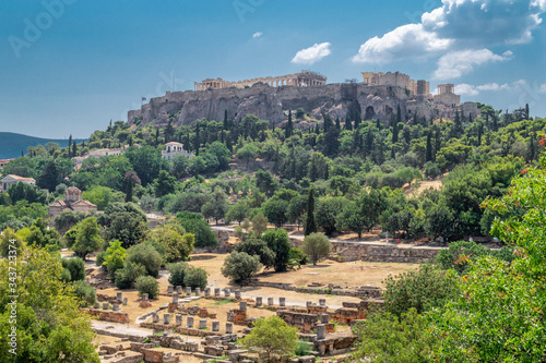 View of the Parthenon and Acropolis from the archaeological site of the Ancient Agora, Athens, Greece