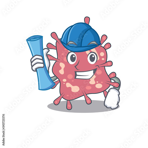 Cartoon character of haemophilus ducreyi brainy Architect with blue prints and blue helmet