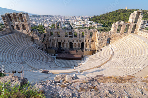 View of the Odeon of Herodes Atticus from the Acropolis of Athens with the stage set for a music festival, Athens, Greece