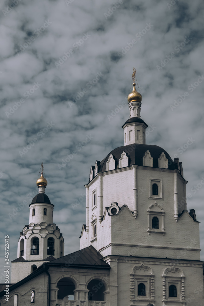 Russia. Kazan. August, 2019. Summer. Sviyazhsk. An island near Kazan with ancient Orthodox churches. Black bathed on a background of blue sky