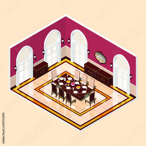 Isometric vector illustration of a dining room in arabic style