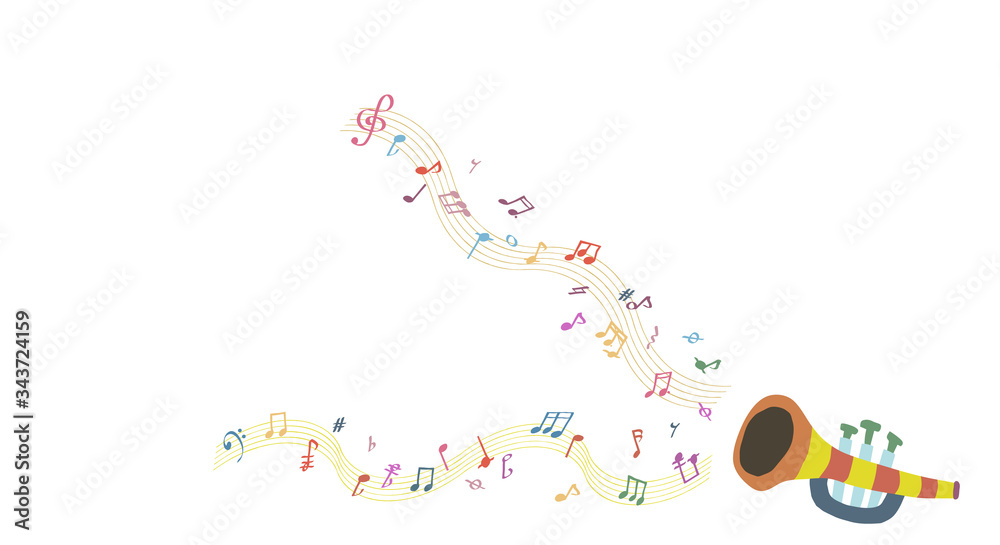 Obraz premium かわいいトランペットとカラフルな音符 A cute trumpet and some colorful notes with white background