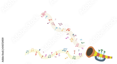 かわいいトランペットとカラフルな音符 
A cute trumpet and some colorful notes with white background