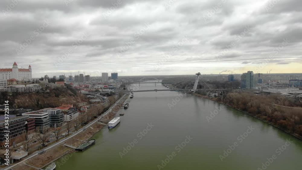 Aerial view SNP bridge (Most SNP) and Bratislava castle cloudy day Aerial view SNP bridge (Most SNP) and Bratislava castle cloudy day