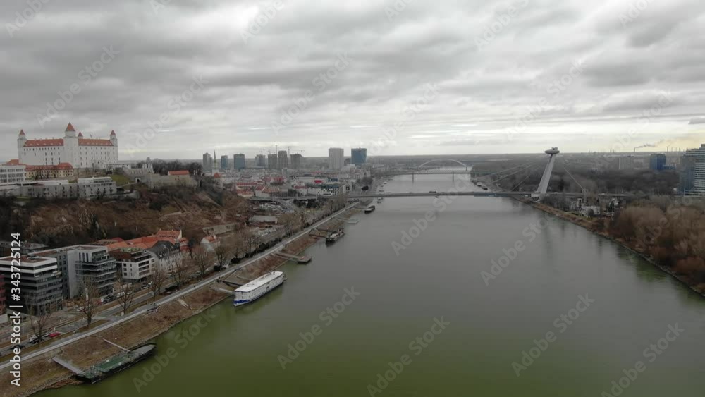 Aerial view SNP bridge (Most SNP) and Bratislava castle cloudy day Aerial view SNP bridge (Most SNP) and Bratislava castle cloudy day