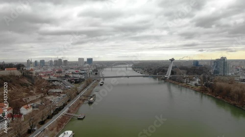 Aerial view SNP bridge (Most SNP) Bratislava Slovakia cloudy day photo