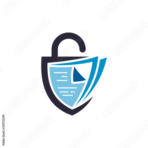 Data protection logo with padlock and document paper concept suitable for secret data, private information, security lock, document protection, hidden application. Shield emblem badge logo design