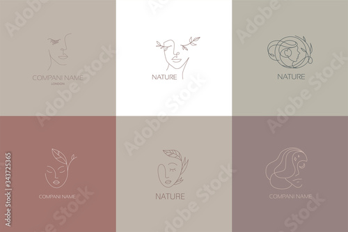 Vector image. Logo for business in the industry of beauty, health, personal hygiene. Beautiful image of a female face. Linear stylized image. Logo of a beauty salon, health industry, makeup artist.