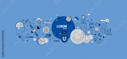 Banner for the web. Vector image Home page of educational site. Polytechnical Institute. Stylized pictures denoting technology, science, discoveries, education.