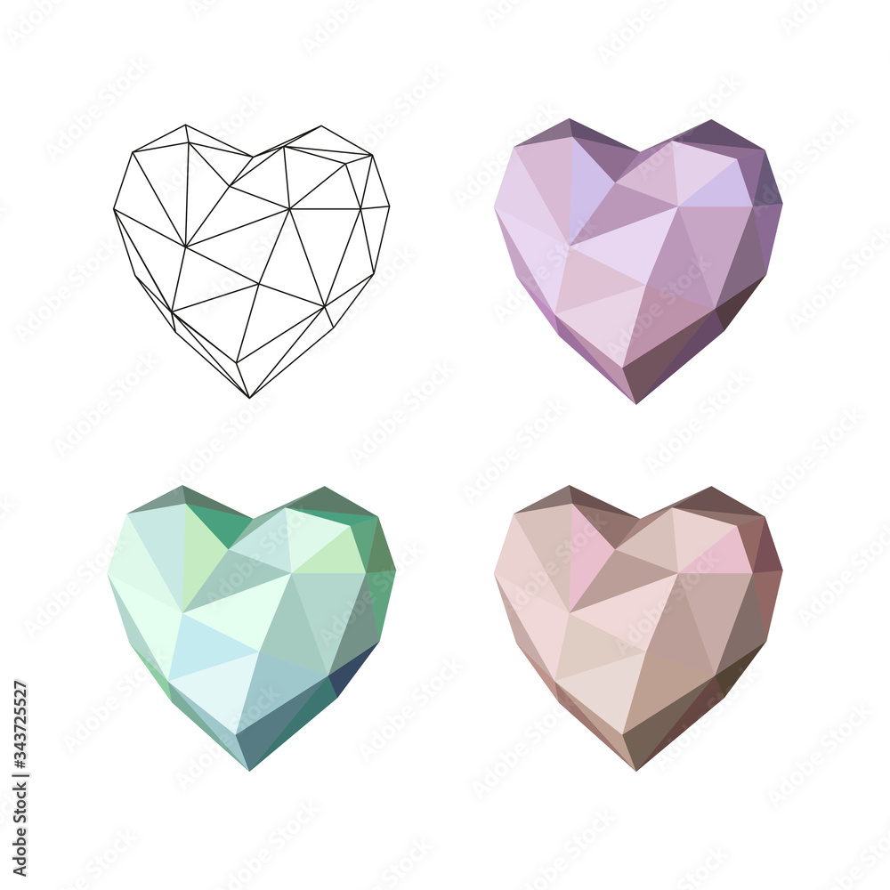 Image set. Vector image - origami. Logo heart of colored paper. Abstract image consisting of geometric shapes. Trendy bright neon colors.
