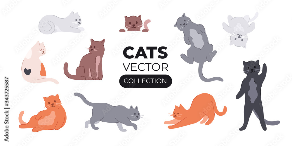 Vector cats. Cute cat set isolated. Funny cartoon animal characters. Different poses and emotions. Flat eps10 illustration.