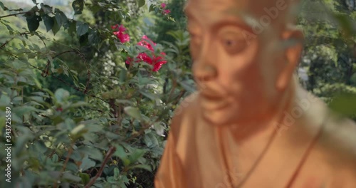 Beautiful red flower behind a golden buddha statue. Ten Thousand Buddhas Monastery, Sha Tin, Hong Kong. Peaceful sunlight. photo